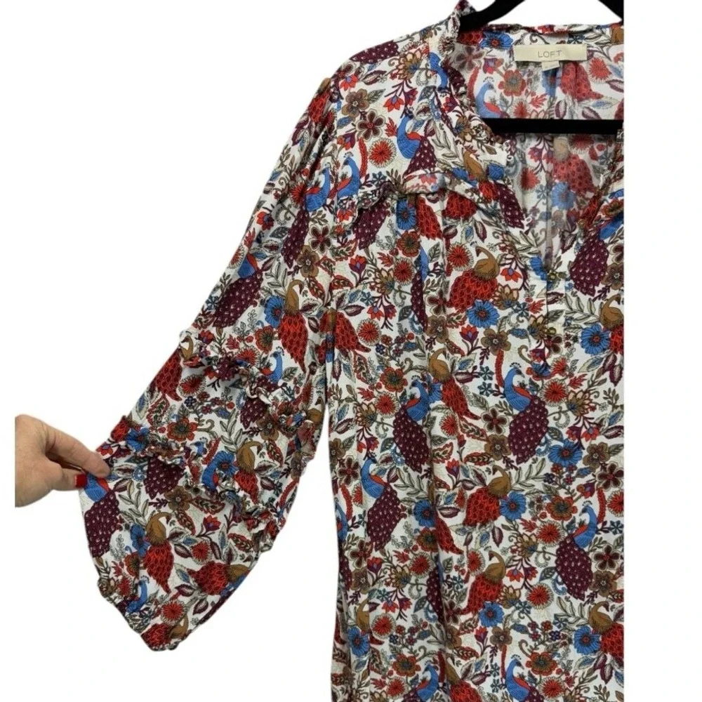 LOFT Womens Peacock Floral Ruffle Sleeve Henley Blouse Multicolor Top Size XL‎